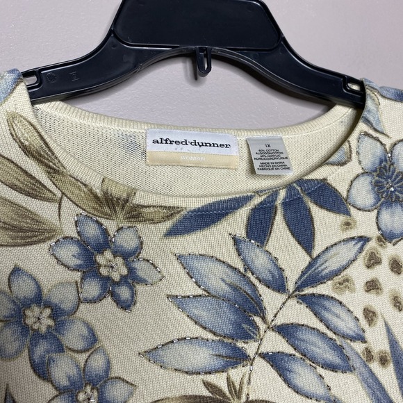 Vintage ALFRED DUNNER Cream Blue Beige Floral Beaded Knit Top Short Sleeve SZ 1X - Picture 6 of 14